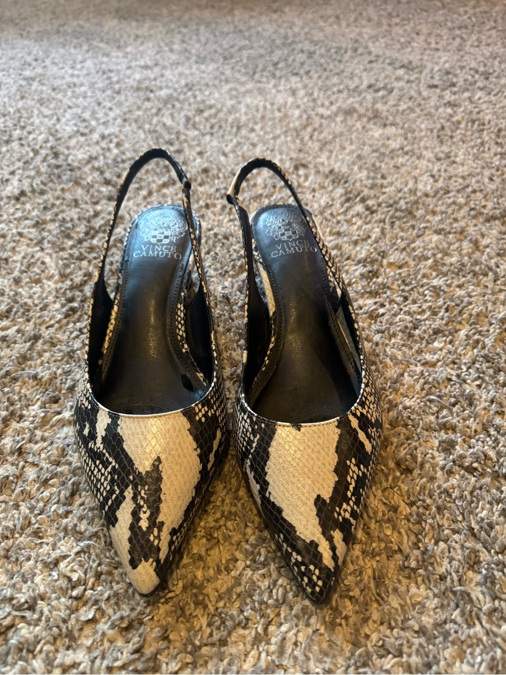 Vince Camuto Black and White Snake-Print Slingback Pumps